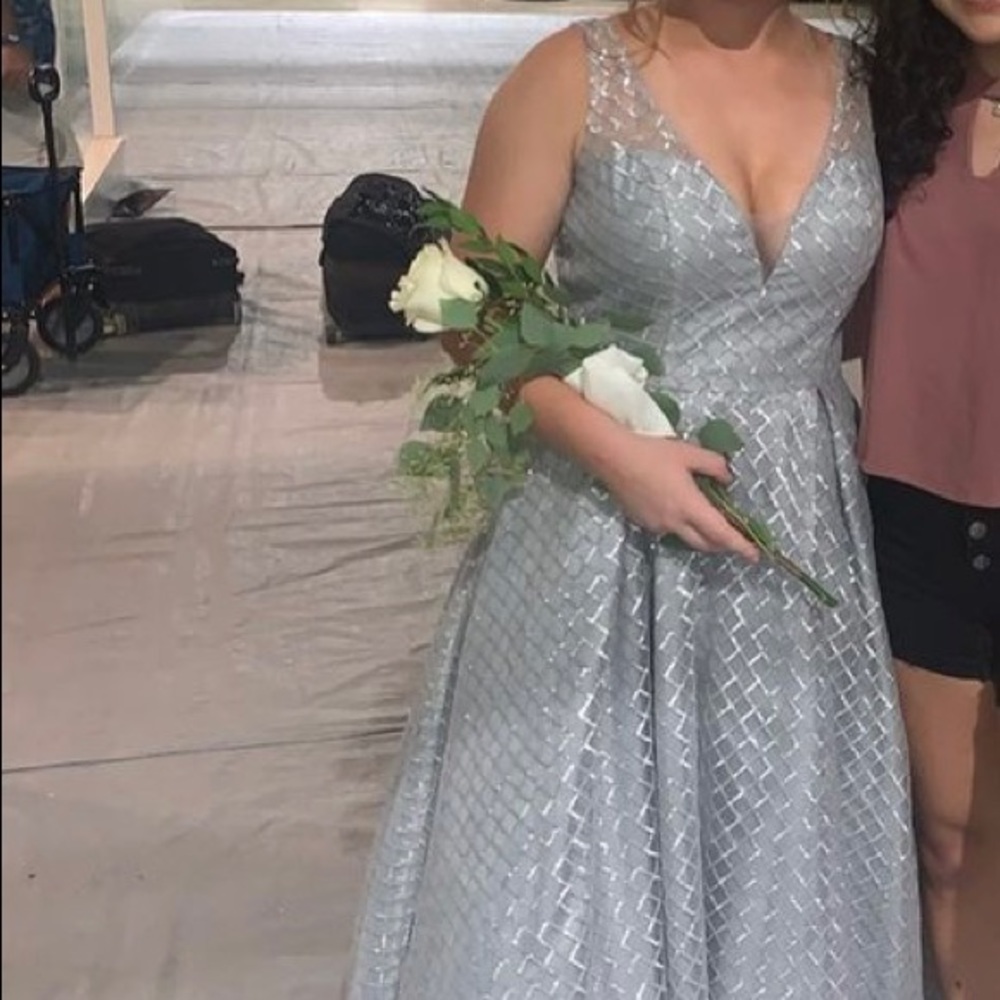 Silver/gray floor length dress.